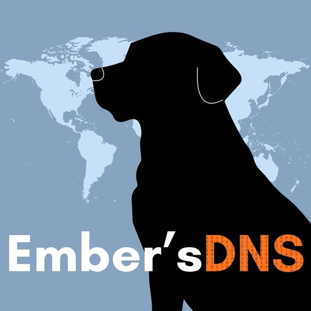 Ember's DNS logo: a black dog in front of a world map